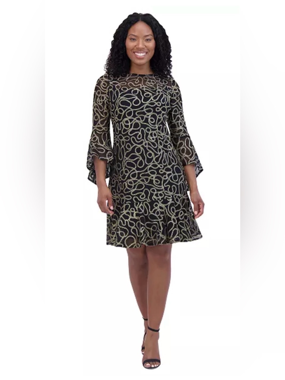 Jessica Howard - Women's Illusion-Yoke Flounce-Hem Dress black and gold size 8